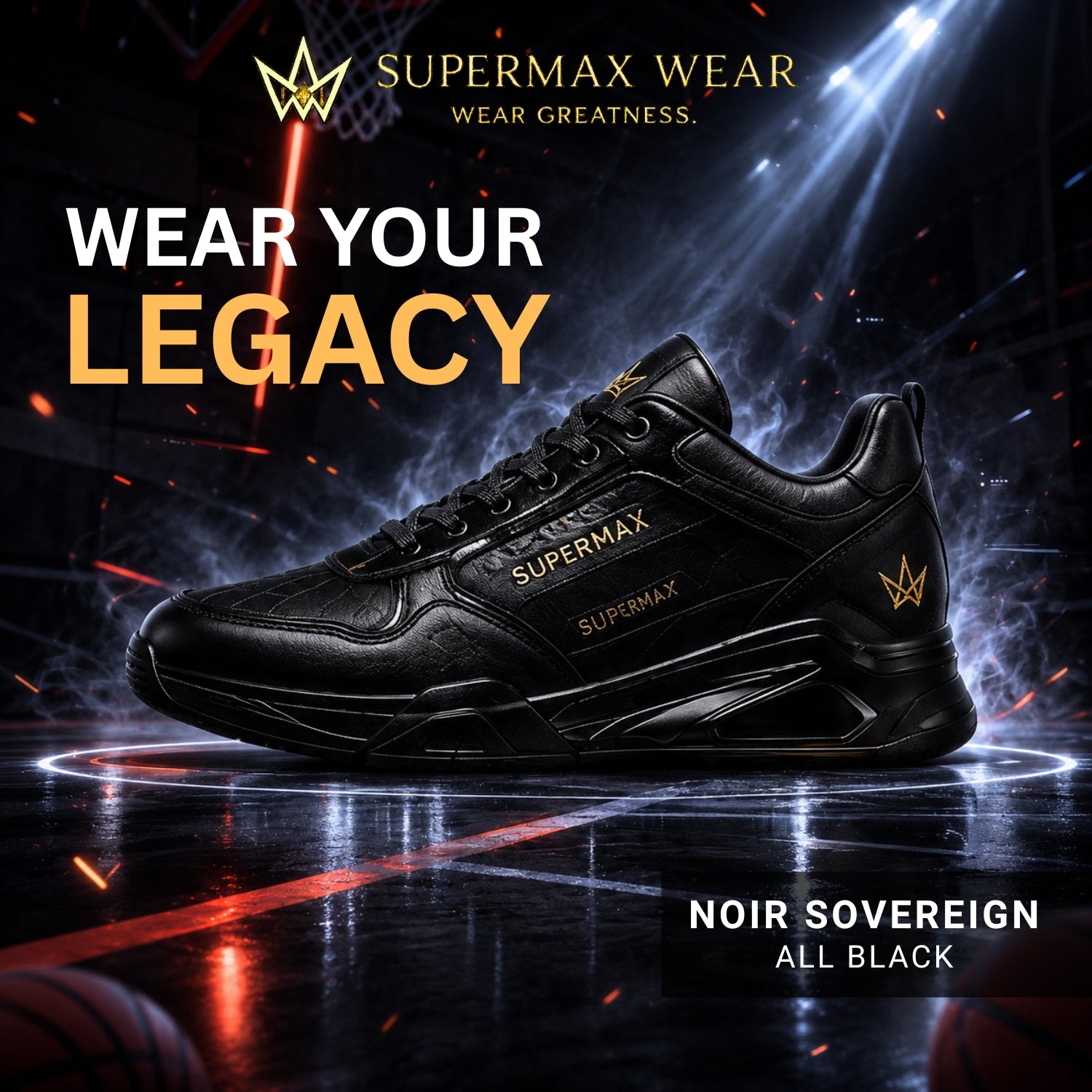 SUPERMAX Noir Sovereign All Black Premium Leather Sneakers for Men | Ortholite Comfort & Luxury Streetwear Shoes