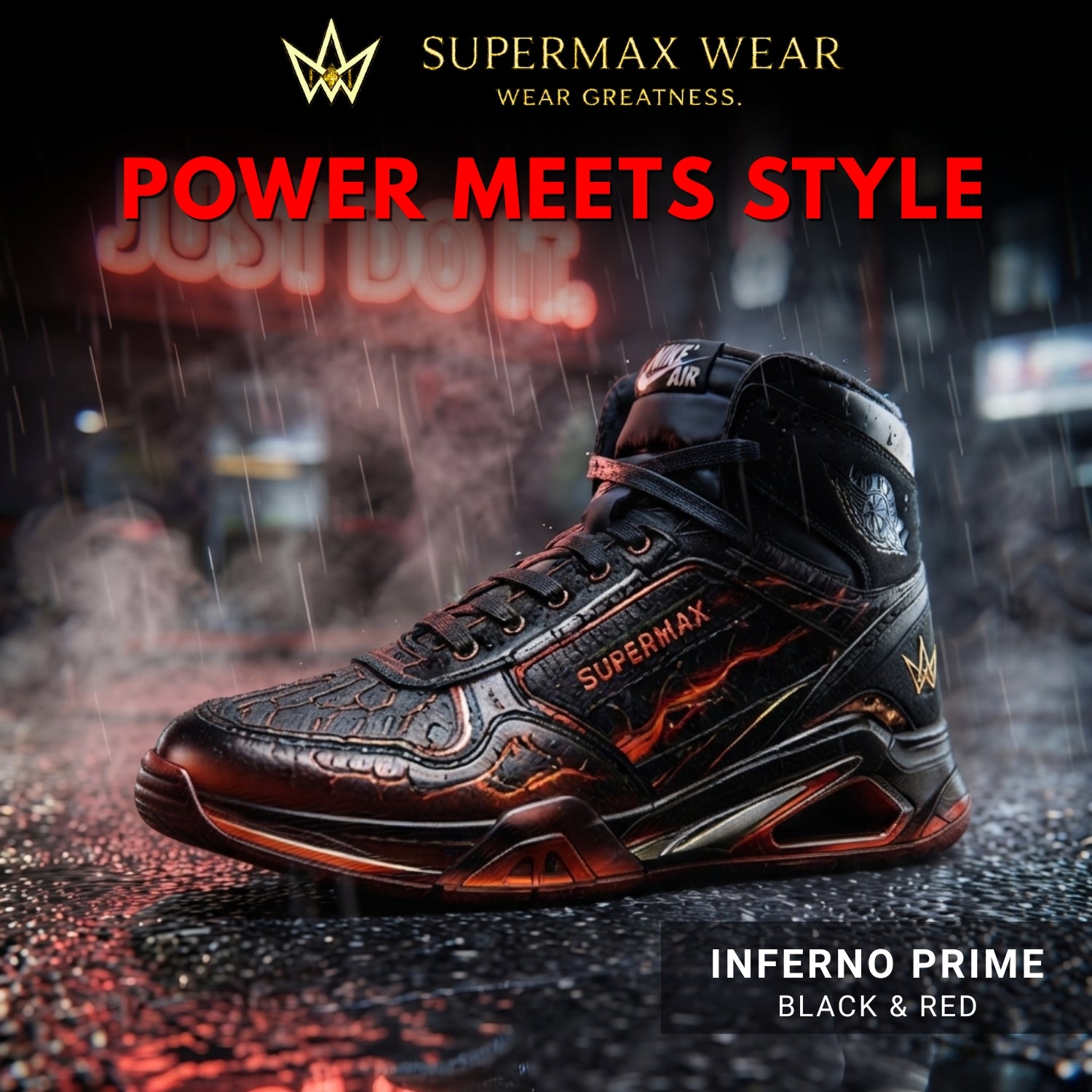 SUPERMAX Inferno Prime High-Top Sneakers for Men - Black & Red Premium Leather Casual Shoes
