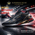 SUPERMAX Midnight Royale Premium Leather Sneakers for Men | Luxury Black & Gold Casual Sports Shoes