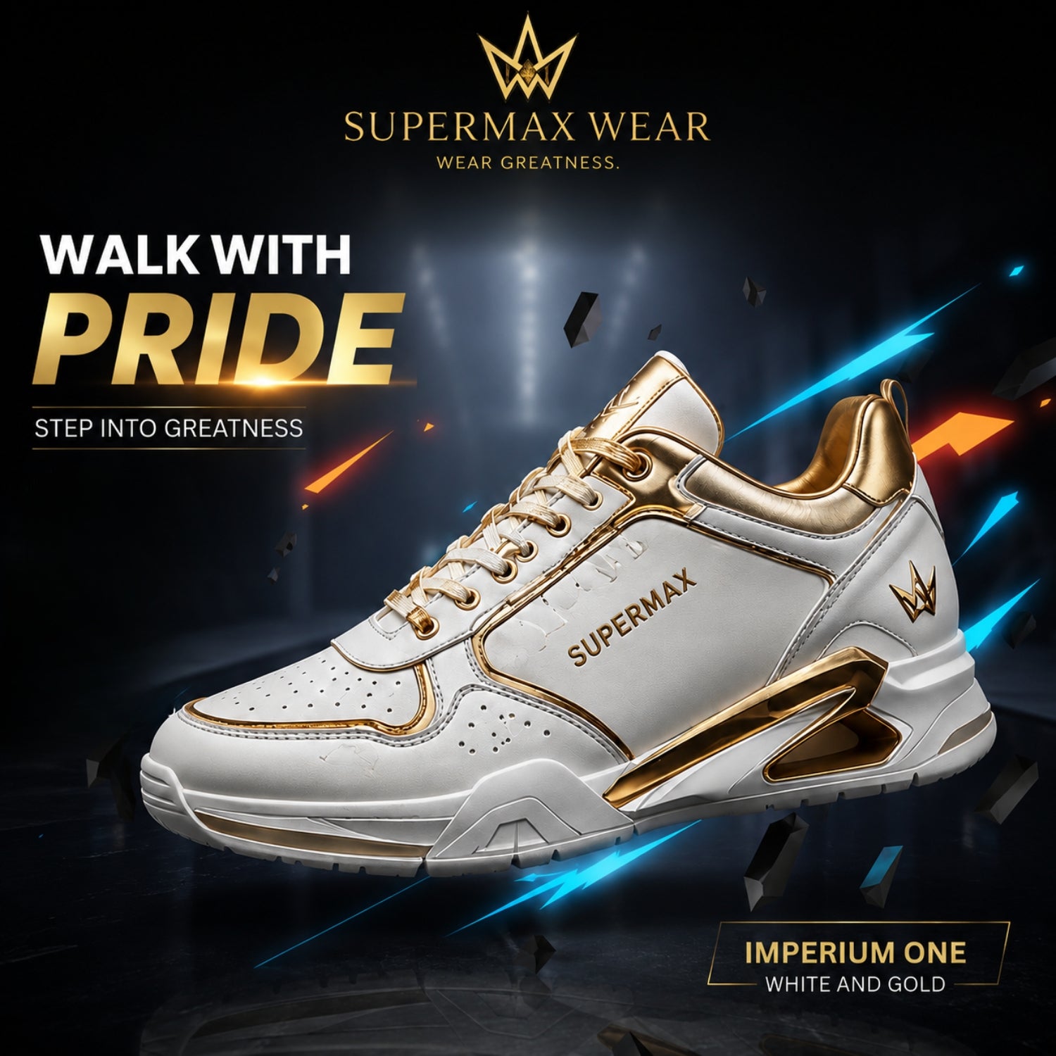 Supermax Imperium One White & Gold Premium Leather Sneakers for Men