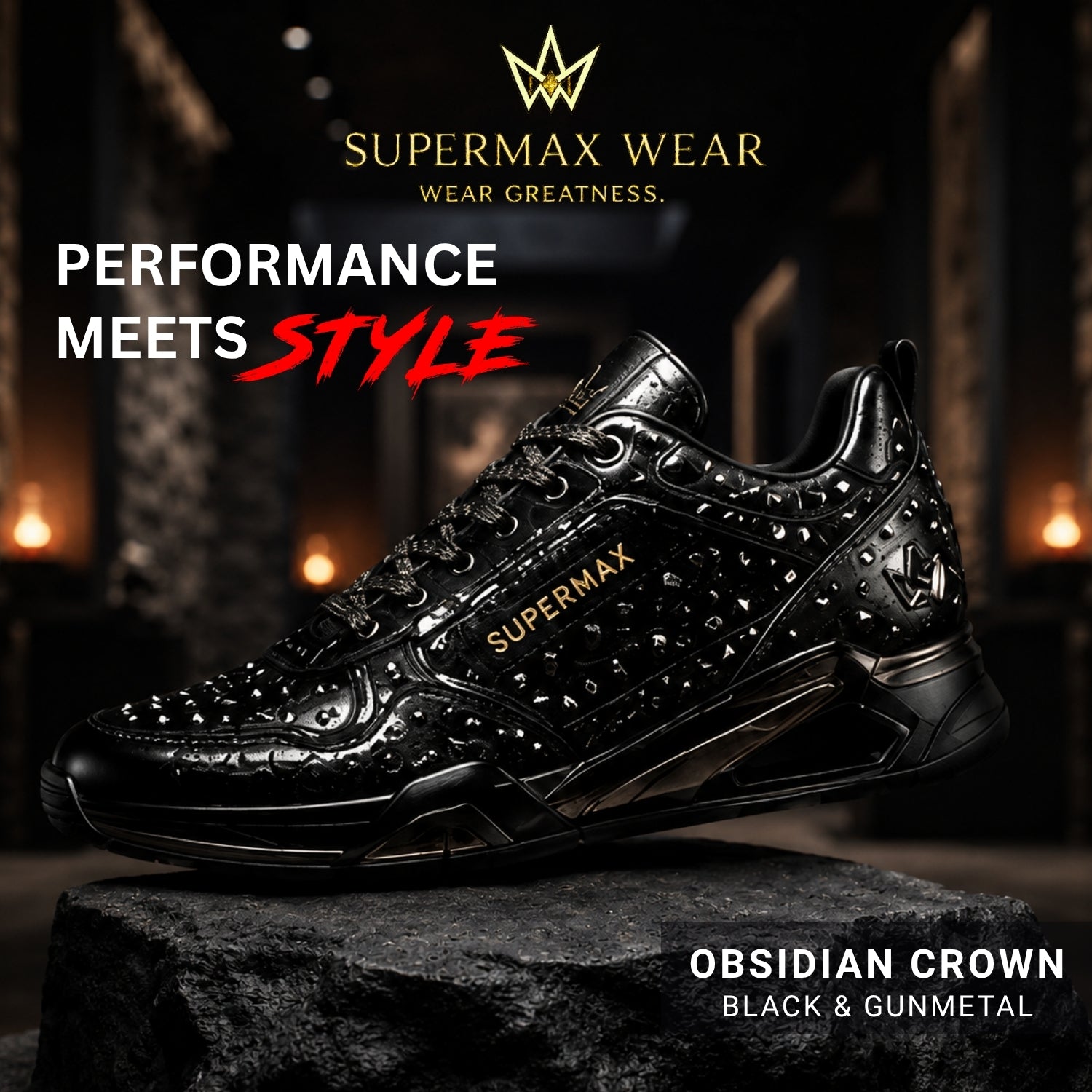 SUPERMAX Obsidian Crown Premium Black & Gunmetal Luxury Sneakers for Men | Italian Leather Casual & Fashion Shoes
