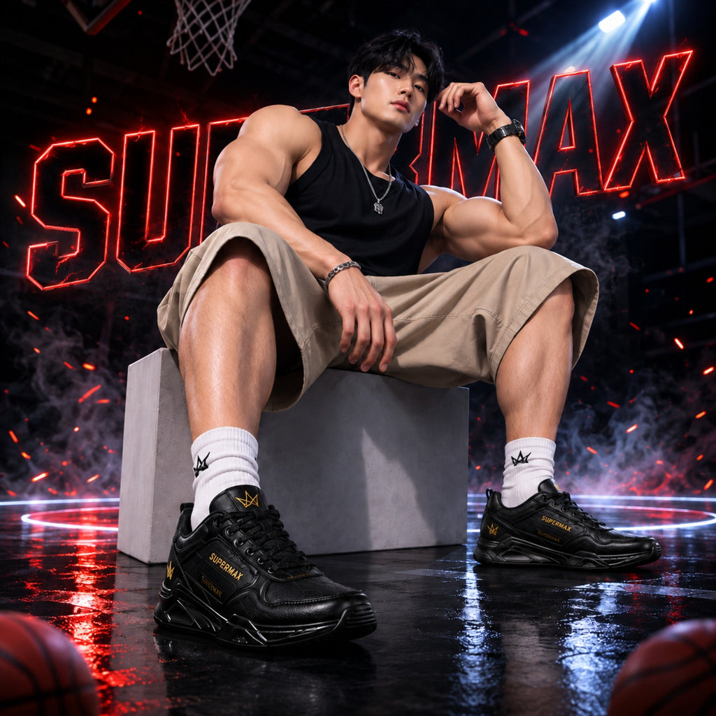 SUPERMAX Noir Sovereign All Black Premium Leather Sneakers for Men | Ortholite Comfort & Luxury Streetwear Shoes