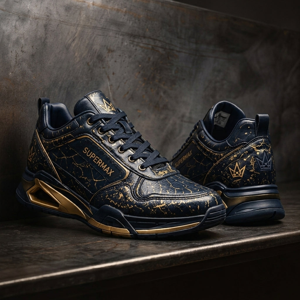 SUPERMAX Midnight Royale Premium Leather Sneakers for Men | Luxury Black & Gold Casual Sports Shoes