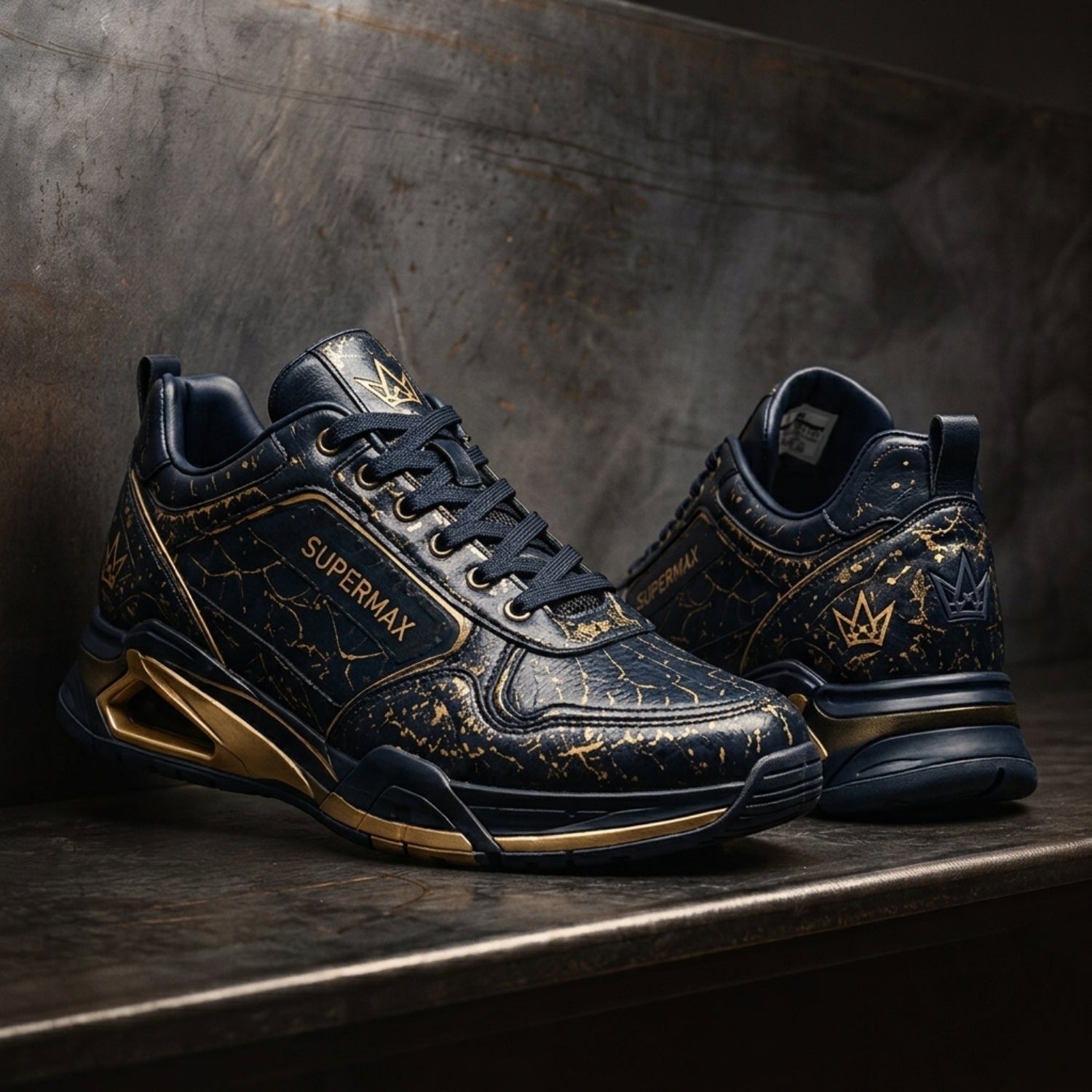 SUPERMAX Midnight Royale Premium Leather Sneakers for Men | Luxury Black & Gold Casual Sports Shoes