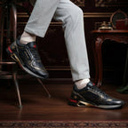 SUPERMAX Midnight Royale Premium Leather Sneakers for Men | Luxury Black & Gold Casual Sports Shoes