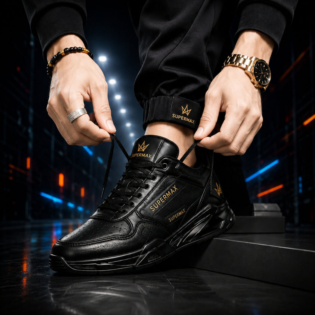 SUPERMAX Noir Sovereign All Black Premium Leather Sneakers for Men | Ortholite Comfort & Luxury Streetwear Shoes