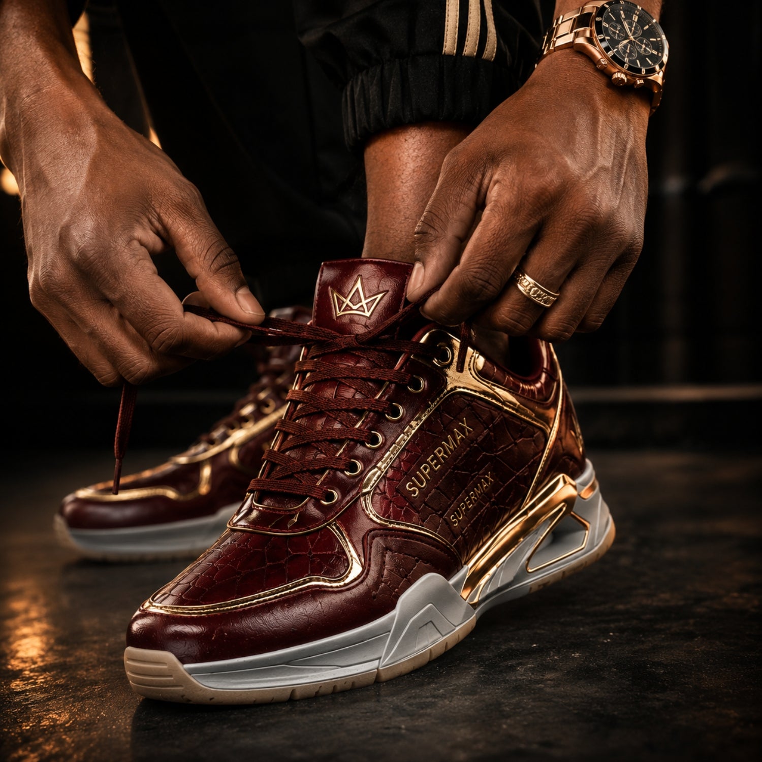 Supermax Wear Crimson Monarch Red & Gold Premium Leather Sneakers for Men