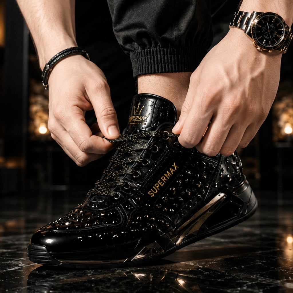 SUPERMAX Obsidian Crown Premium Black & Gunmetal Luxury Sneakers for Men | Italian Leather Casual & Fashion Shoes