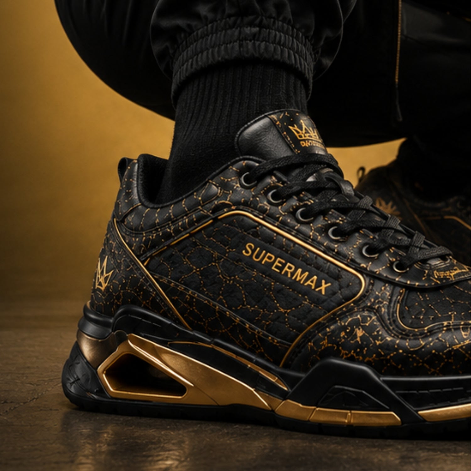 SUPERMAX Midnight Royale Premium Leather Sneakers for Men | Luxury Black & Gold Casual Sports Shoes