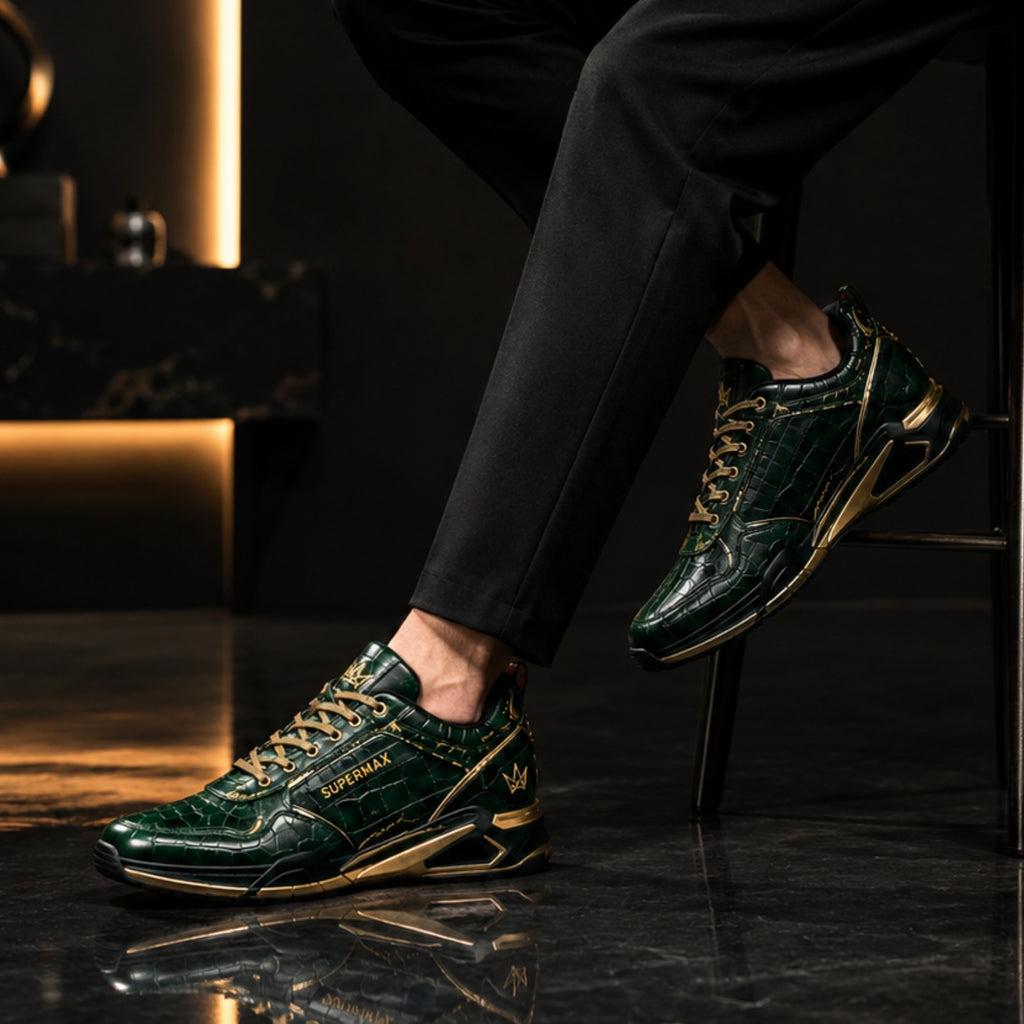 SUPERMAX Emerald Dynasty Green & Gold Premium Leather Sneakers | Luxury Lifestyle Shoes for Men