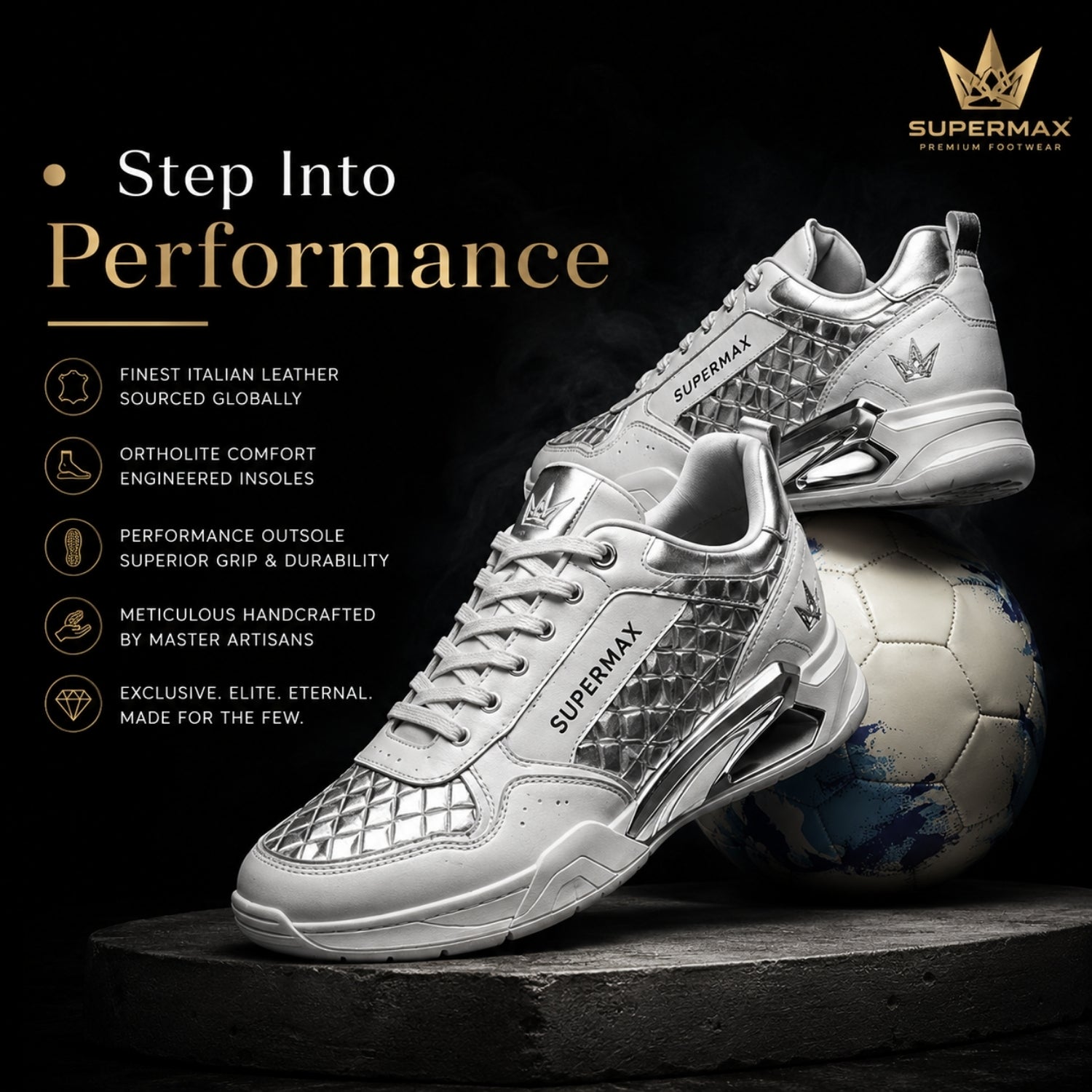Supermax Diamond Eclipse White & Platinum Premium Sneakers for Men | Luxury Sports Casual Shoes