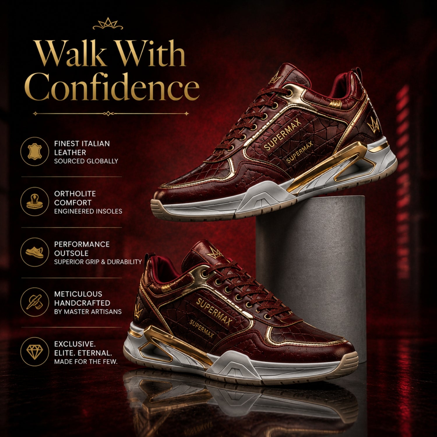 Supermax Wear Crimson Monarch Red & Gold Premium Leather Sneakers for Men