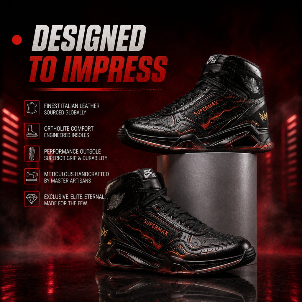 SUPERMAX Inferno Prime High-Top Sneakers for Men - Black & Red Premium Leather Casual Shoes