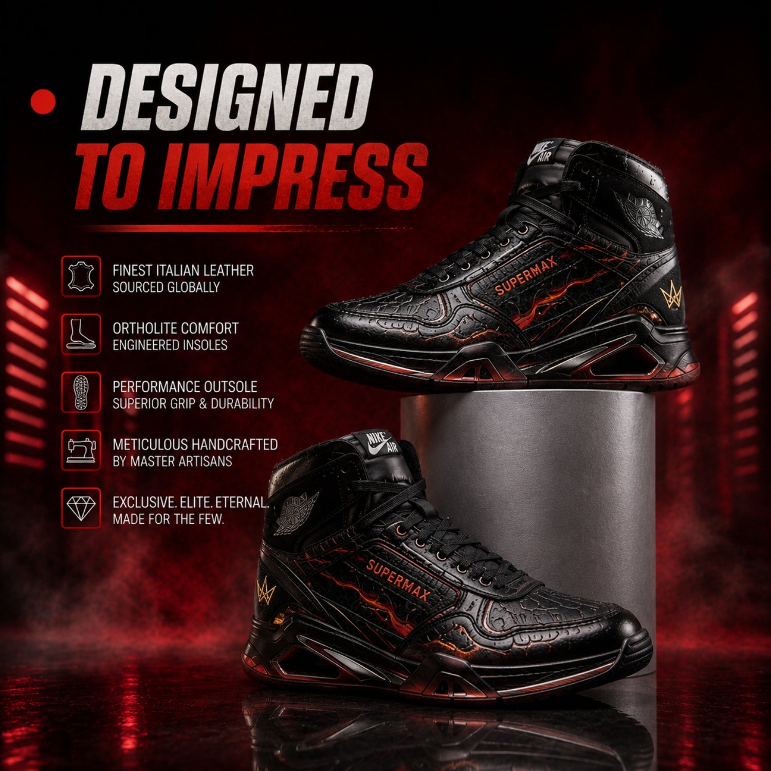 SUPERMAX Inferno Prime High-Top Sneakers for Men - Black & Red Premium Leather Casual Shoes