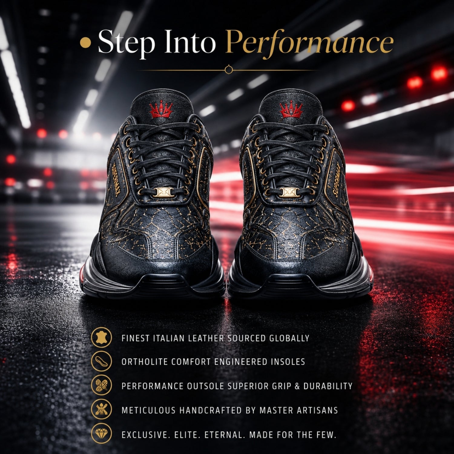 SUPERMAX Midnight Royale Premium Leather Sneakers for Men | Luxury Black & Gold Casual Sports Shoes
