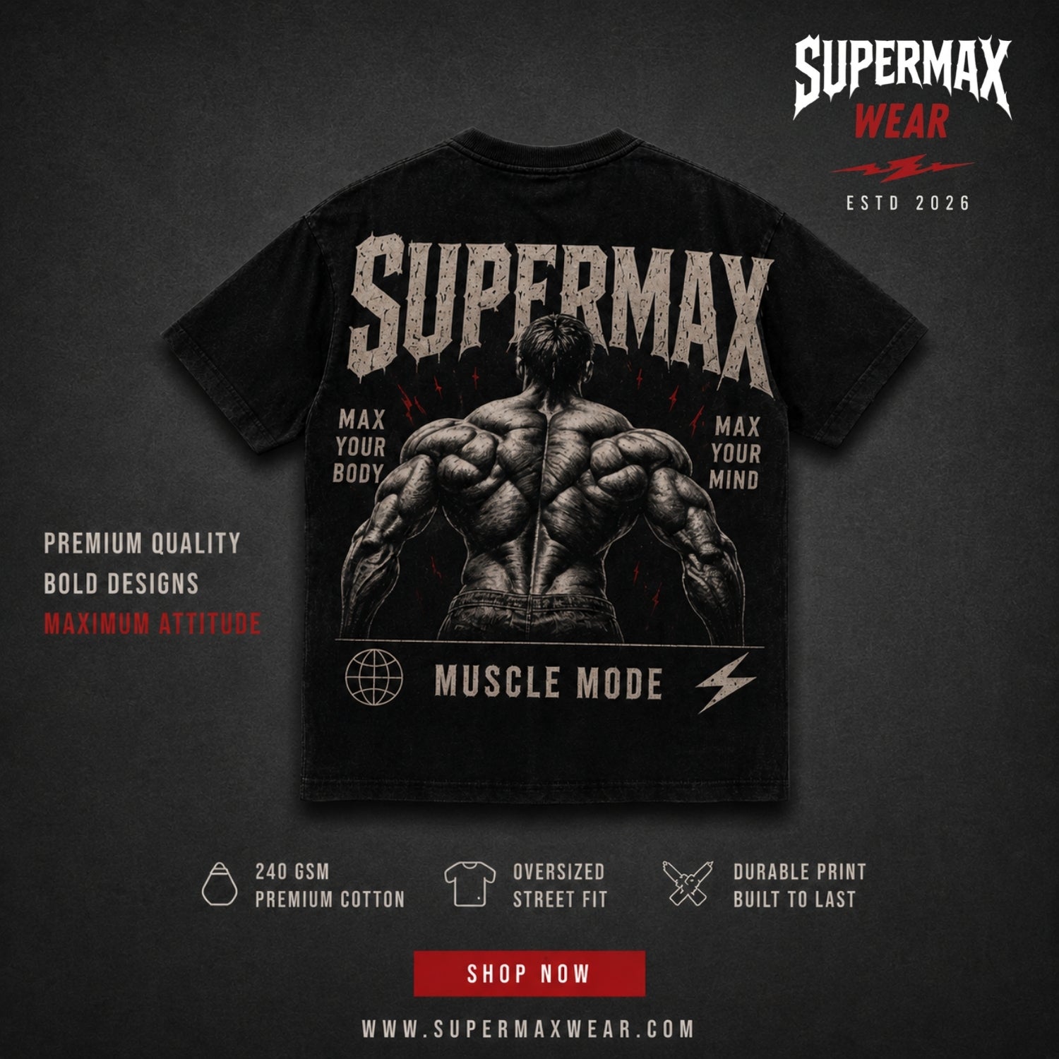 Supermax Muscle Mode Oversized Gym T-Shirt | Streetwear India