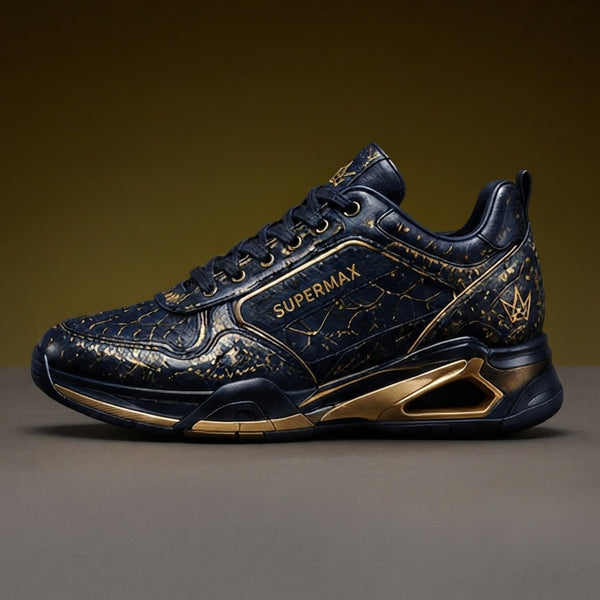 SUPERMAX Midnight Royale Premium Leather Sneakers for Men | Luxury Black & Gold Casual Sports Shoes