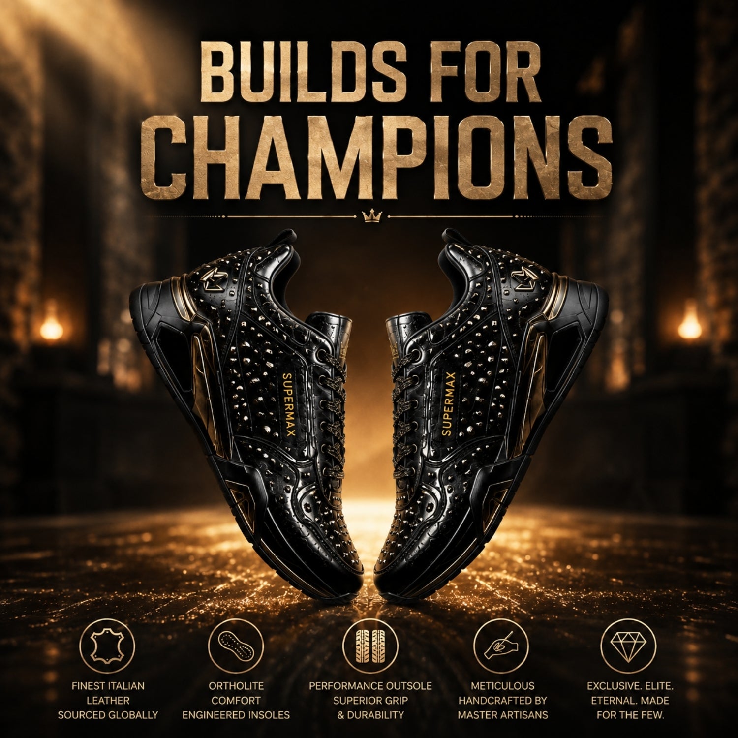 SUPERMAX Obsidian Crown Premium Black & Gunmetal Luxury Sneakers for Men | Italian Leather Casual & Fashion Shoes