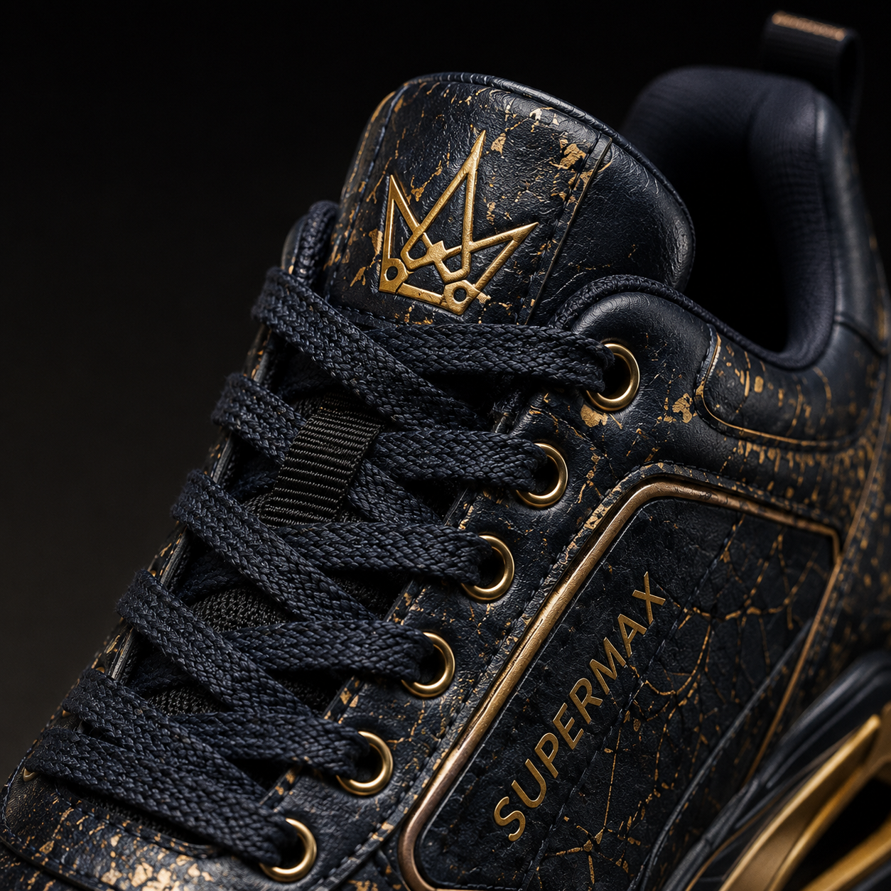 SUPERMAX Midnight Royale Premium Leather Sneakers for Men | Luxury Black & Gold Casual Sports Shoes