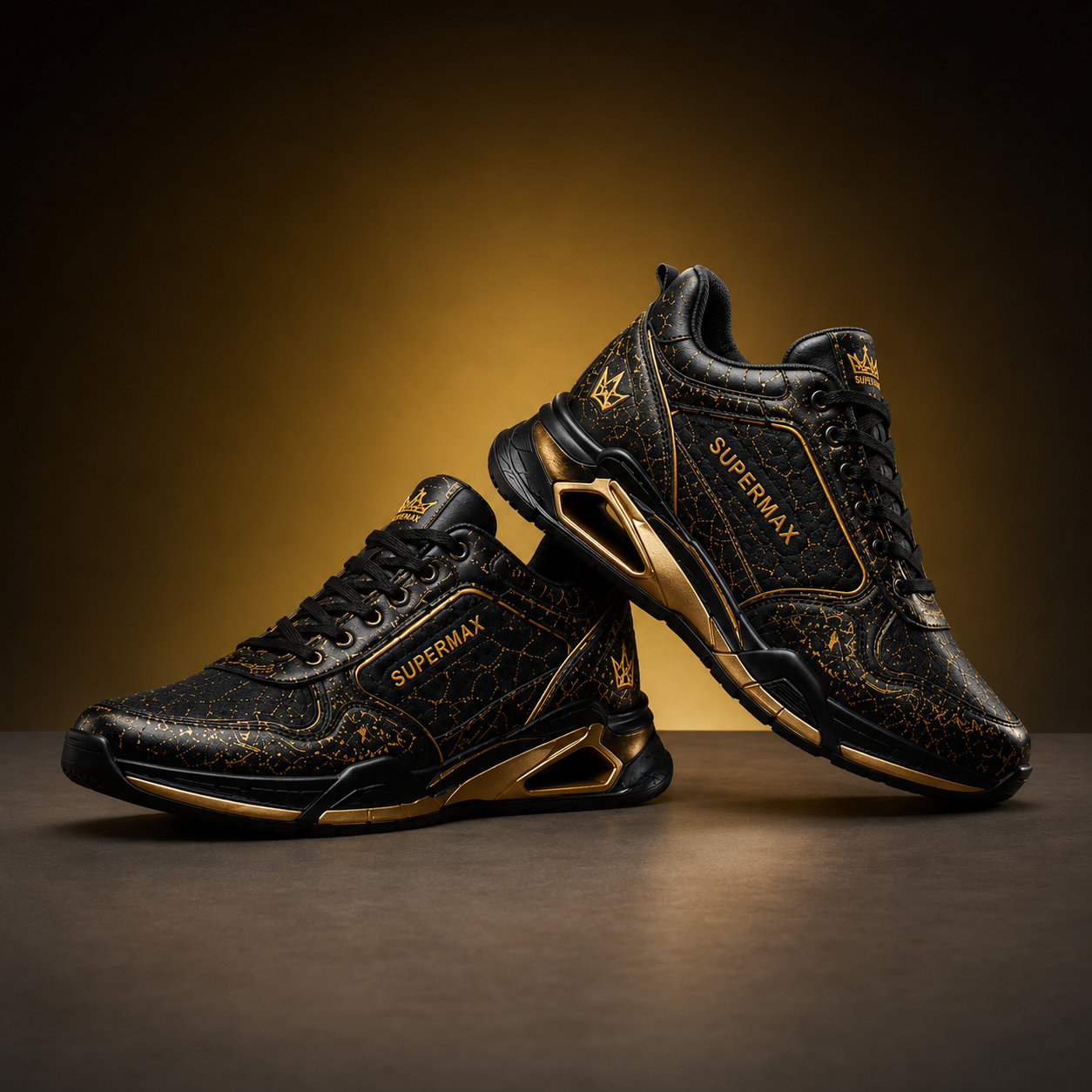 SUPERMAX Midnight Royale Premium Leather Sneakers for Men | Luxury Black & Gold Casual Sports Shoes