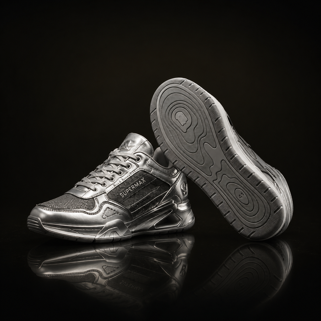 SUPERMAX Titan Prestige Silver & Grey Premium Leather Lifestyle Sneakers for Men | Ortholite Comfort & Superior Grip