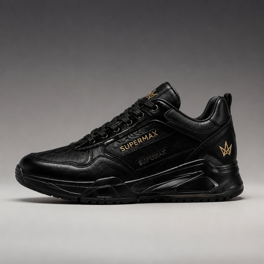 SUPERMAX Noir Sovereign All Black Premium Leather Sneakers for Men | Ortholite Comfort & Luxury Streetwear Shoes
