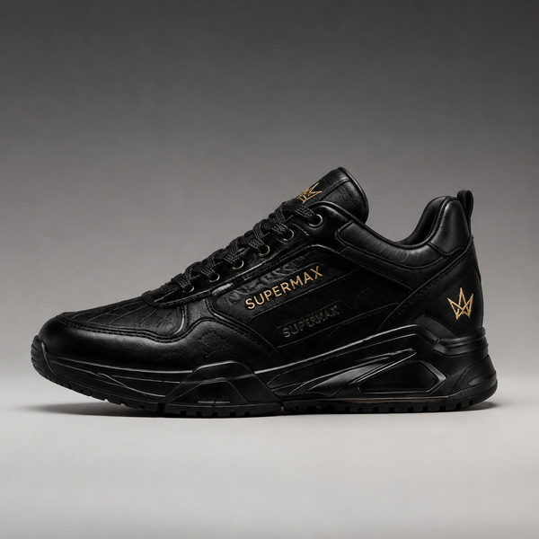 SUPERMAX Noir Sovereign All Black Premium Leather Sneakers for Men | Ortholite Comfort & Luxury Streetwear Shoes
