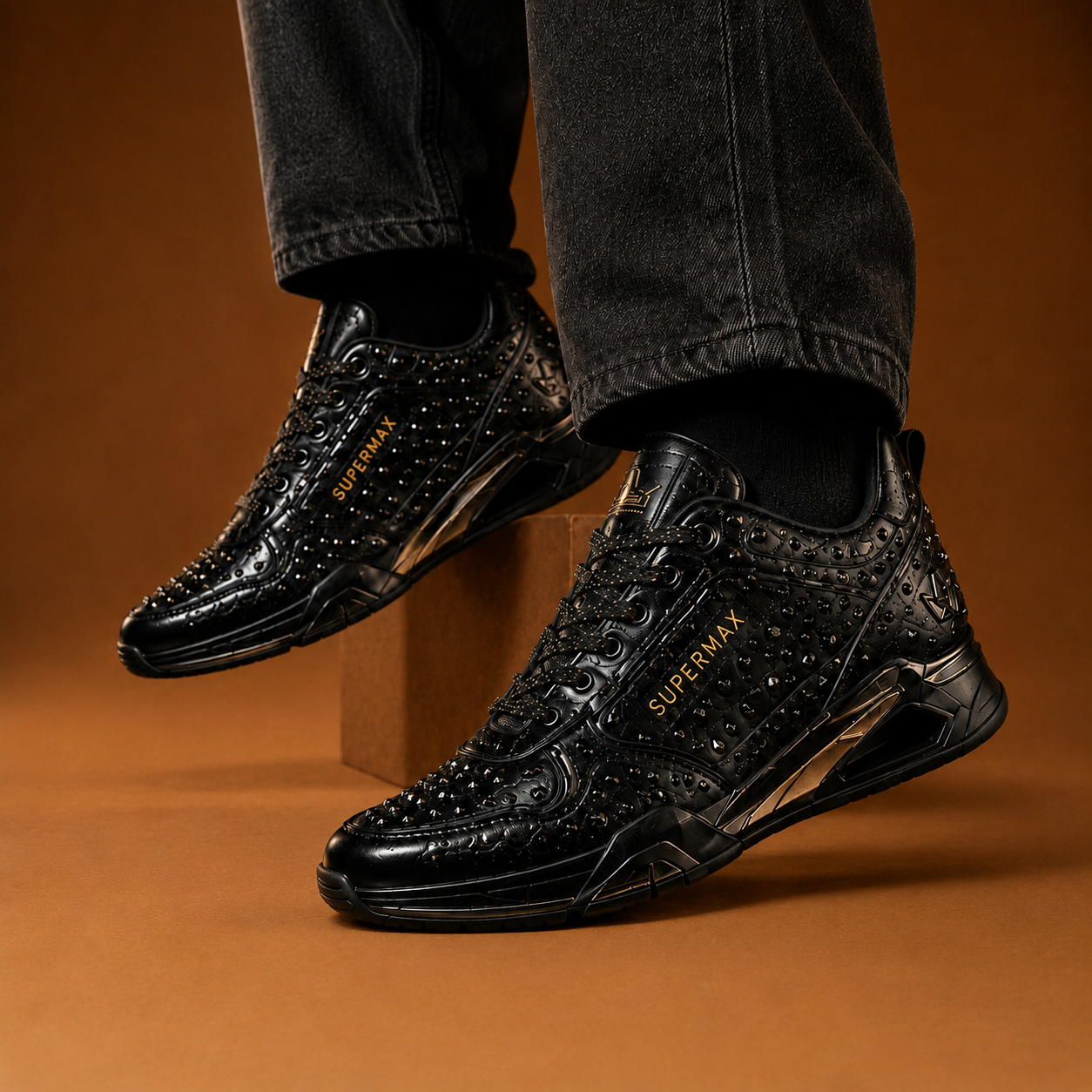 SUPERMAX Obsidian Crown Premium Black & Gunmetal Luxury Sneakers for Men | Italian Leather Casual & Fashion Shoes