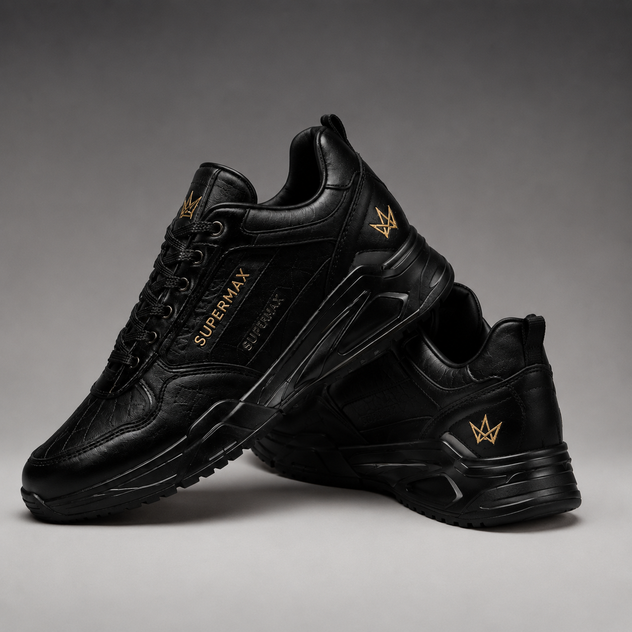 SUPERMAX Noir Sovereign All Black Premium Leather Sneakers for Men | Ortholite Comfort & Luxury Streetwear Shoes