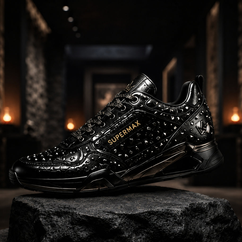 SUPERMAX Obsidian Crown Premium Black & Gunmetal Luxury Sneakers for Men | Italian Leather Casual & Fashion Shoes