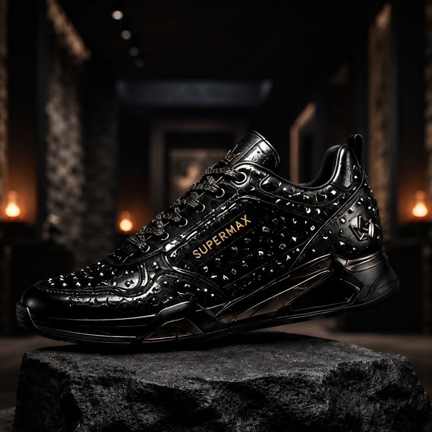 SUPERMAX Obsidian Crown Premium Black & Gunmetal Luxury Sneakers for Men | Italian Leather Casual & Fashion Shoes